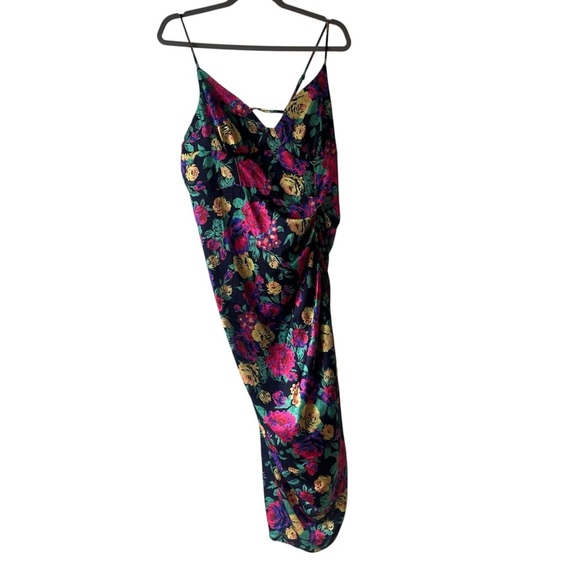 SHEIN BAE Curve 1XL Floral Satin Midi Slip Dress Black Multicolor Ruched - Picture 1 of 9
